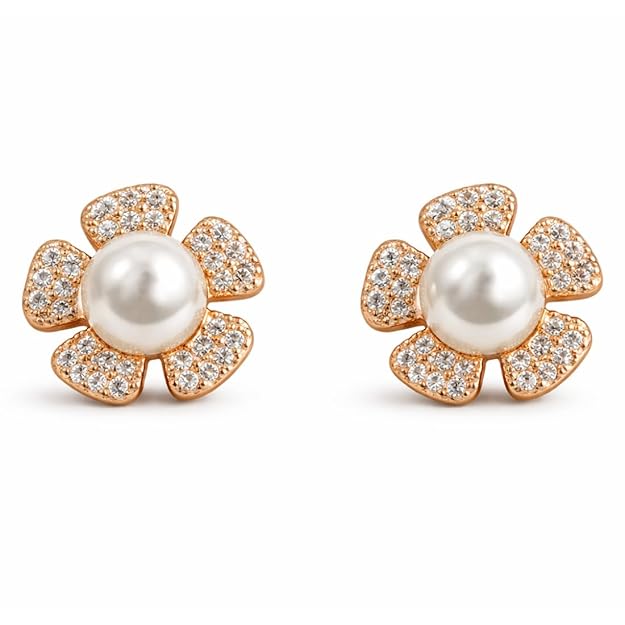 Pearl Pop Stud Earrings |Rose Gold Plated Floral Design With AD Stone for Women And Girls