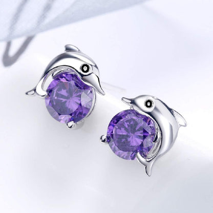 Fashion 925 Sterling Silver Plated Purple Cubic Zirconia Crystal Dolphin Shape Stud Earrings for Women & Girls