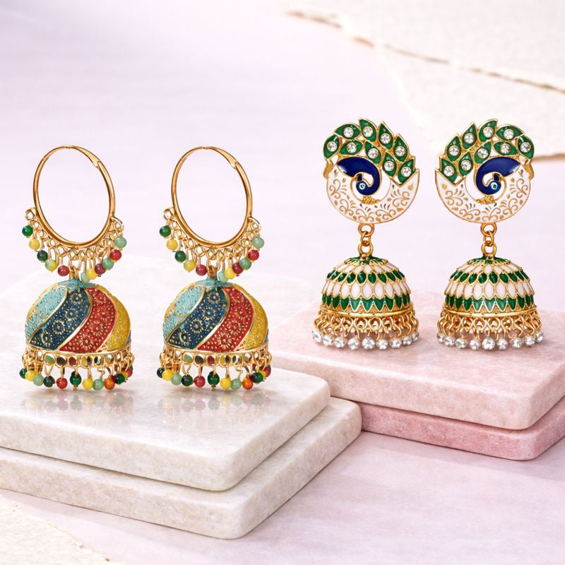 Handmade Alloy Dome Shaped Jhumka Earrings, Ethnic Jhumki Collection for Women and Girls (Combo), Multicolur & Peacock Shaped