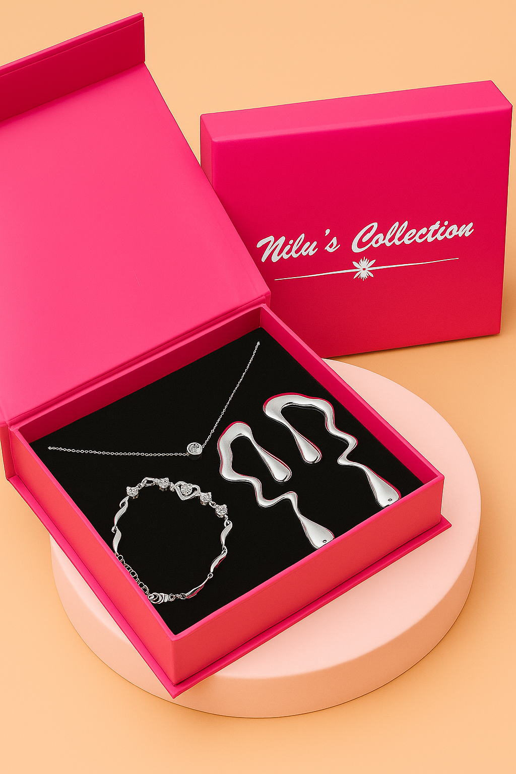 Nilu’s Collection Stylish Silver Jewelry Set for Women – Necklace, Earrings & Bracelet with Modern Wave Design | Elegant Gift Box for Parties, Weddings & Special Occasions