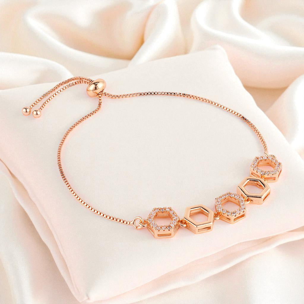 Nilu's Collection Rose Gold Plated Hexagon Shape with American Diamond Adjustable Bracelet for Women and Girls | Anti- Tranish | Anti -Allergy | Office Wear