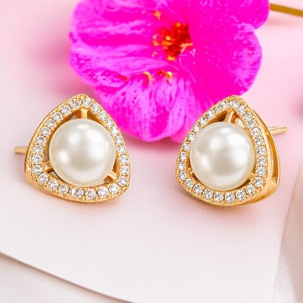 Rose Gold Plated Triangular Design Pearl Stud Earrings With American Diamond for Women And Girls