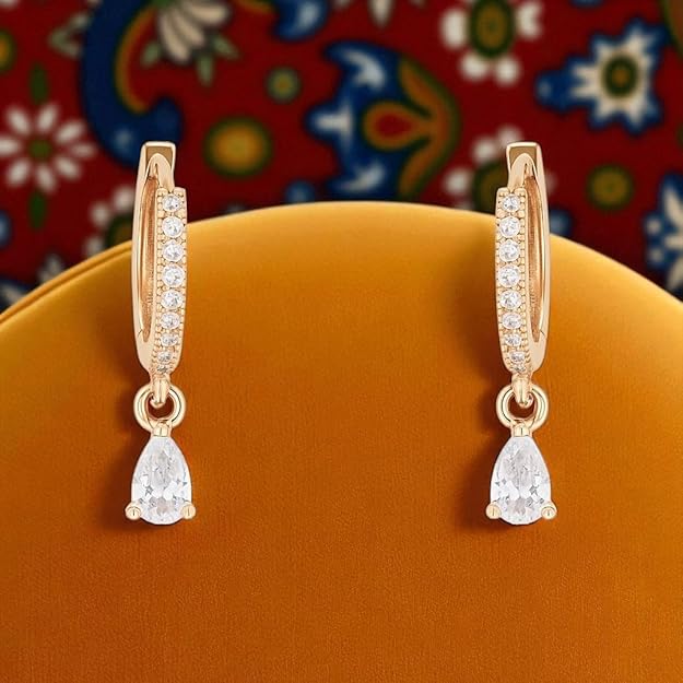 Nilu's Collection 18k Rose Gold Plated Clip On Hoop Earrings, Stylish Women Earrings, Latest Fancy Zircon Copper Bali Earrings for Women and Girls (Drop design) (Style 1)