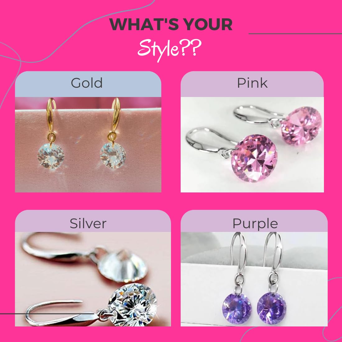 Enchanting Light Weight Cubic Zircon Crystal Drop Earrings for Women and Girls, for Daily Use, Office Use (Pink, Purple, Gold & Silver)