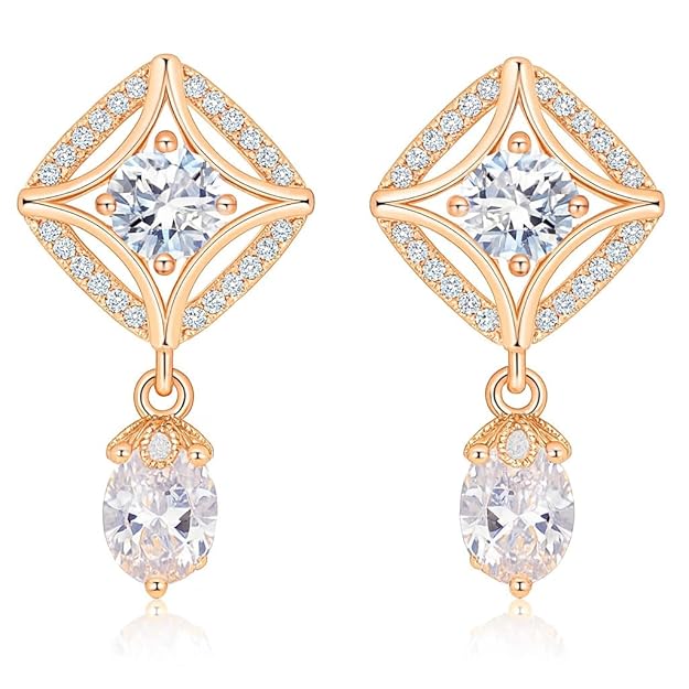 18k Rose Gold Plated American Diamond Stone Drop Earrings, Stylish Women & Girls Earrings