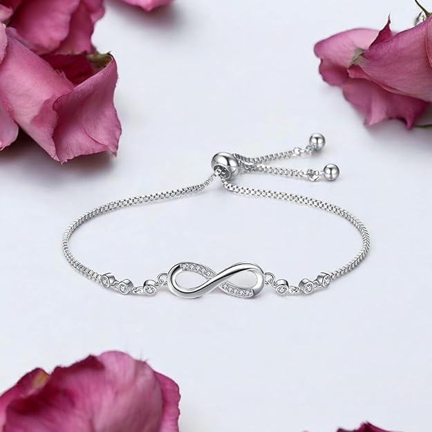 Nilu's Collection Silver Plated Infinity Pendant Necklace & Adjustable Bracelet Set with American Diamond for Women & Girls |Anti - Allergy | Anti -Tarnish | Office Wea