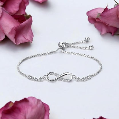 Nilu's Collection Silver Plated Infinity Pendant Necklace & Adjustable Bracelet Set with American Diamond for Women & Girls |Anti - Allergy | Anti -Tarnish | Office Wea