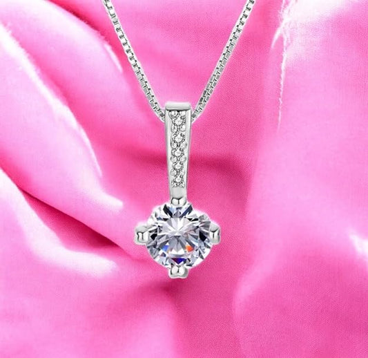 Silver Plated Solitaire Pendant Chain for Women & Girls, Cubic Zircon Pendant Locket (Silver)