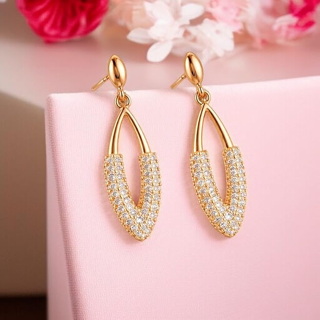 Nilu's Collection Rose Gold Plated American Diamond Drop Earrings for Women And Girls