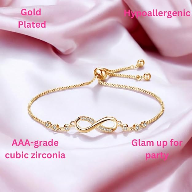 Nilu's Collection Gold Plated Infinity Pendant Necklace & Adjustable Bracelet Set with American Diamond for Women & Girls | Anti-Allergy | Anti- Tarnish | Office Wear