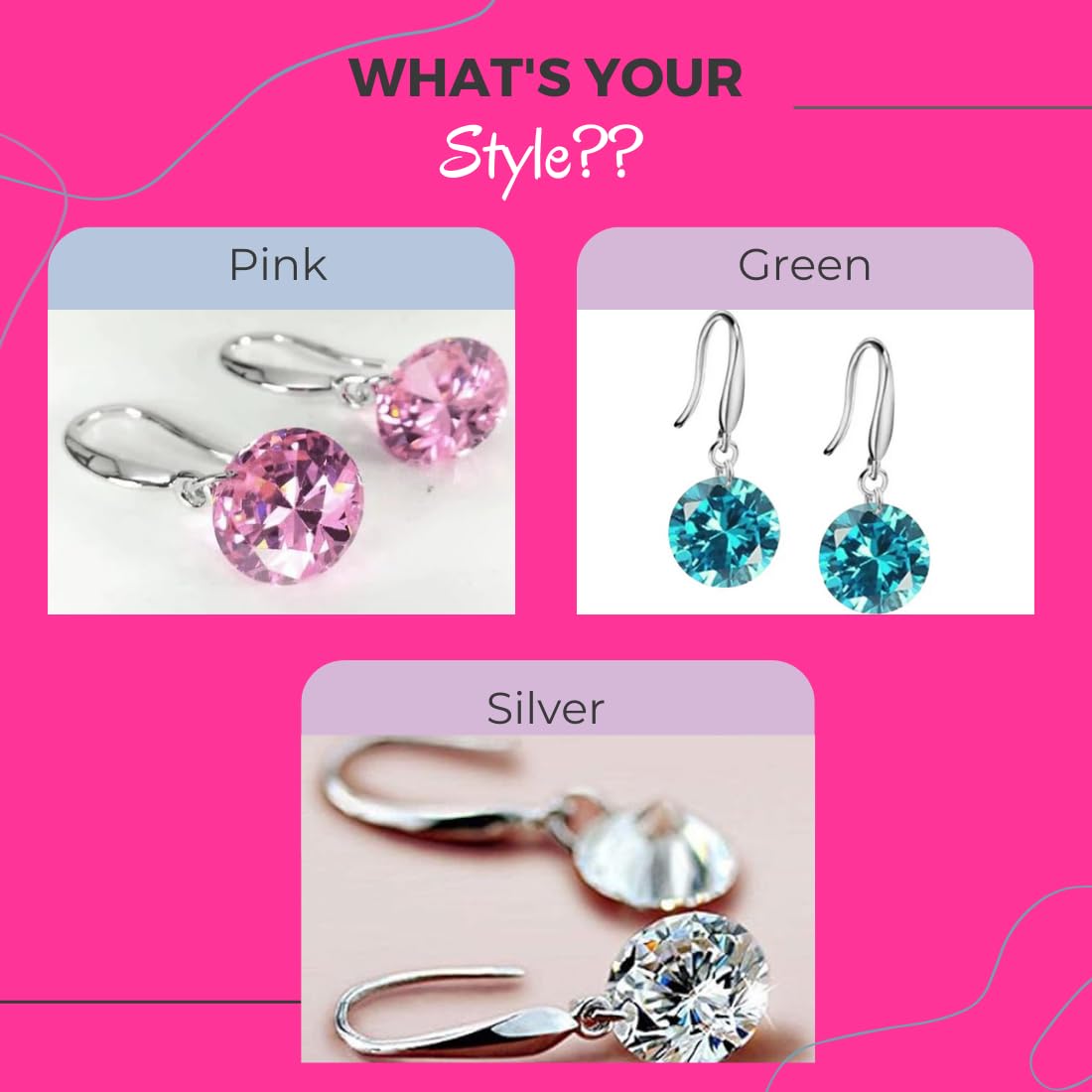 Enchanting Light Weight Cubic Zircon Crystal Drop Earrings for Women and Girls, for Daily Use, Office Use (Green, Pink & Silver)