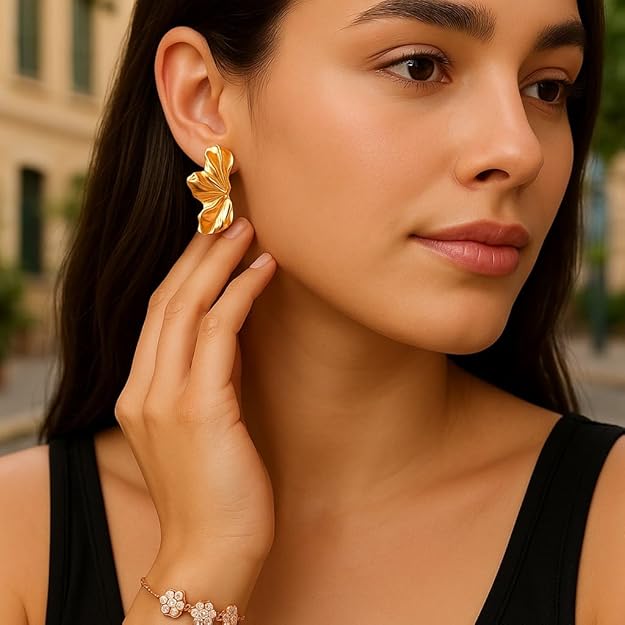 Nilu's Collection Gold Plated Leaf Pattern Earrings for Women & Girls