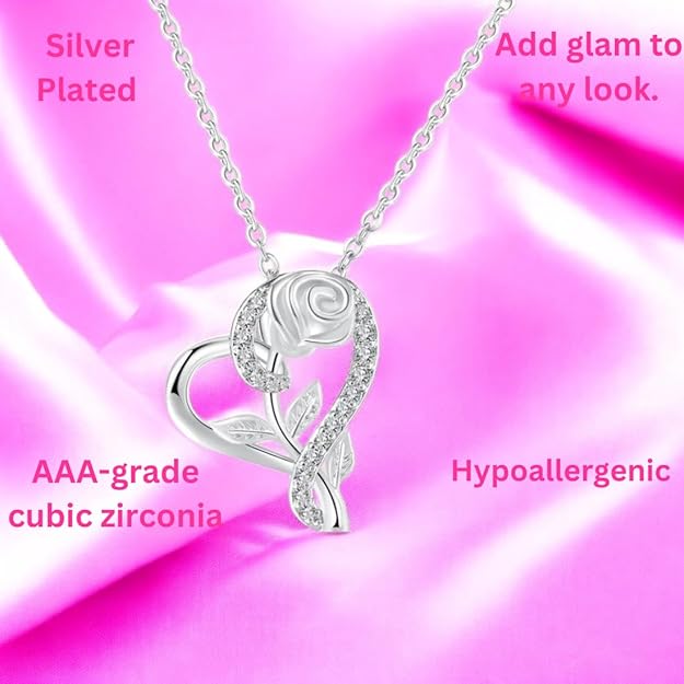 Stylish Silver Plated CZ Chain Pendent Set for Women, Heart Shaped Pendant with Rose Design (Silver)