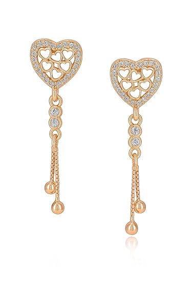 Rose Gold Plated Heart Design Dangling Earrings with American Diamond Stones For Women And Girls