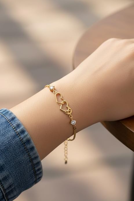 Double Heart Shape Cubic Zirconia Charm Bracelet, Love Bracelet for Women and Girls (Gold)