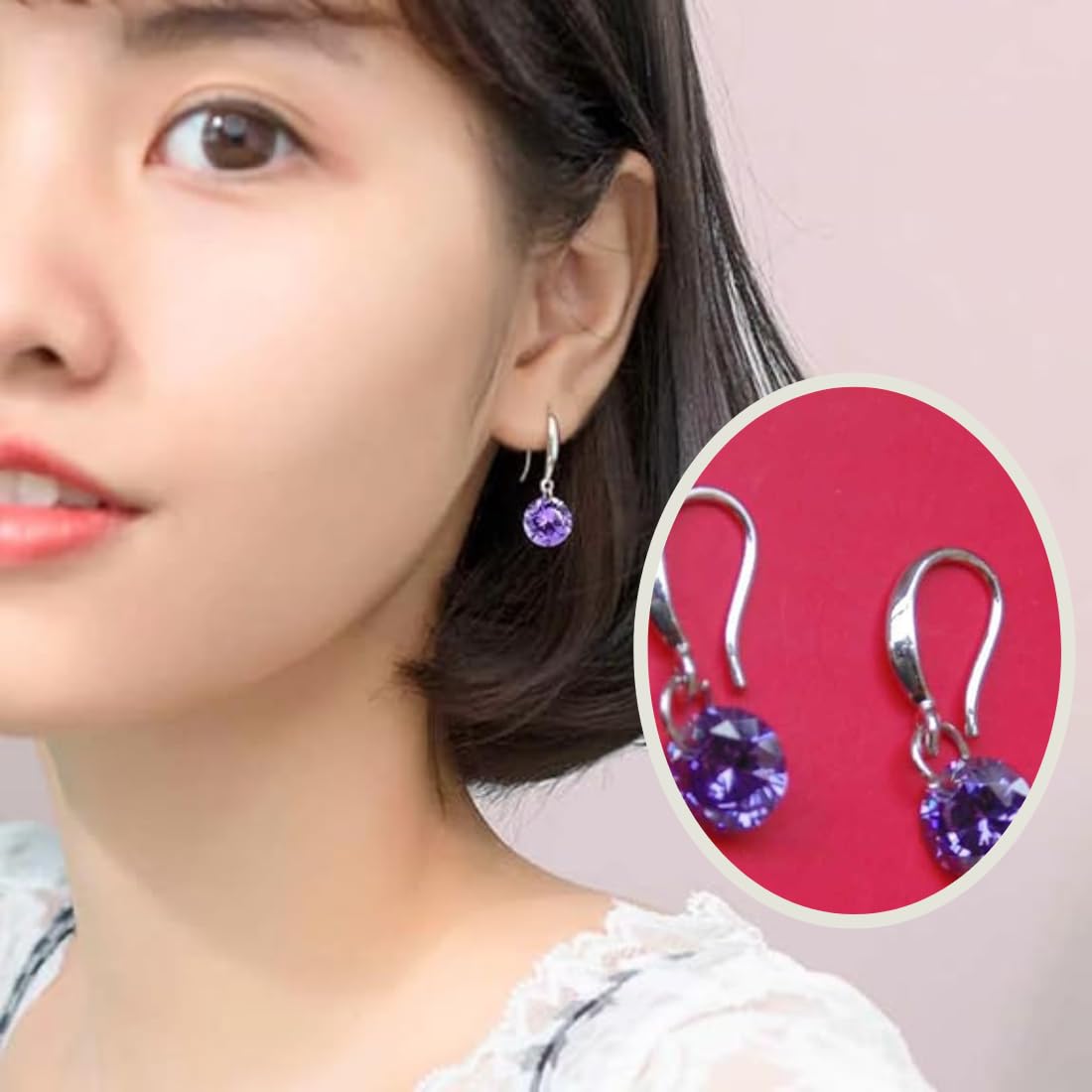 Enchanting Light Weight Cubic Zircon Crystal Drop Earrings for Women and Girls, for Daily Use, Office Use (Purple, Pink & Silver)