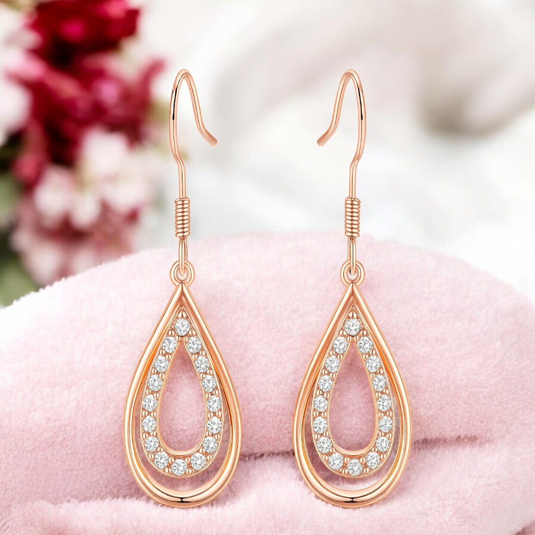 Nilu's Collection Rose Gold Drop Earrings With American Diamond For Women And Girls