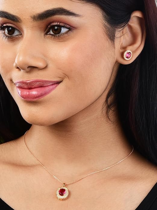 Rose Gold Plated Ruby Red Oval Pendant Necklace and Earring Set for Women and Girls