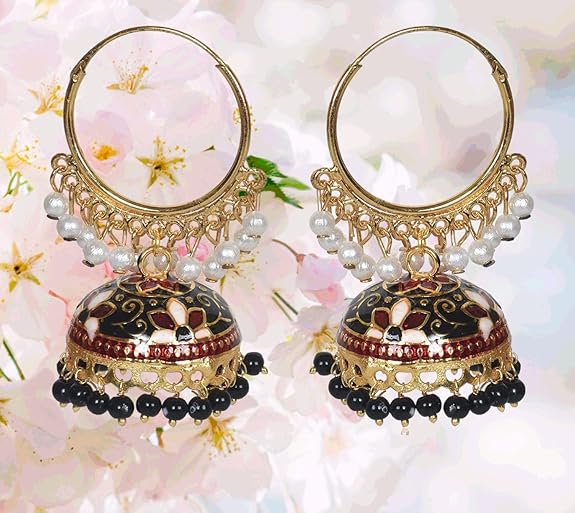 Brass Gold Plated Chandbali Earrings for Women, Combo Jhumki Earrings with Pearls Beads (Black & Purple)