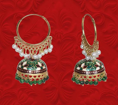 Brass Gold Plated Chandbali Earrings for Women, Combo Jhumki Earrings with Pearls Beads (Dark Green & Purple)