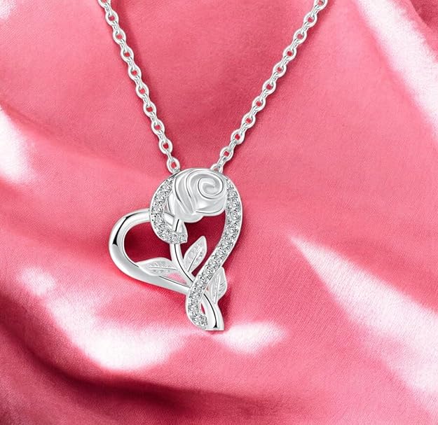 Stylish Silver Plated CZ Chain Pendent Set for Women, Heart Shaped Pendant with Rose Design (Silver)