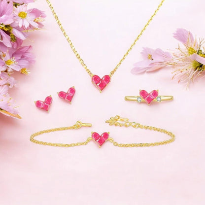 Heart Shape 21K Gold Plated Combo of Necklace Set with Earrings, Bracelet and Ring for Girls and Women