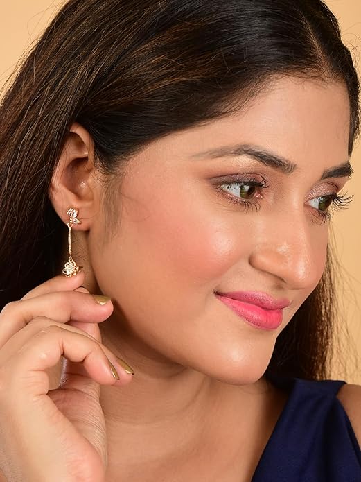 Elegant Rose Gold Floral Drop With American Diamond Earrings with Butterfly Studs For Girls And Women |Gifts For Girls | Marriage Gifts |