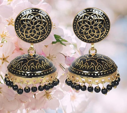 Traditional Gold Plated Meenakari Handmade Jhumki/Jhumka Earrings, Stylish Combo Earrings for Women & Girls, Black & Red