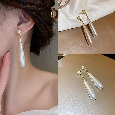 Gold Plated Pearl Water Drop Long Pearl Earrings for Girls and Women