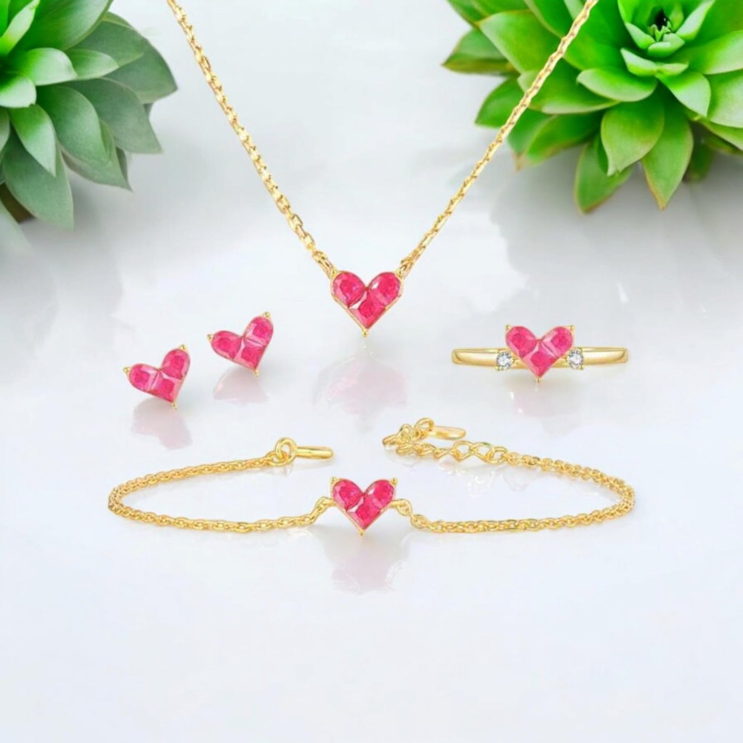 Heart Shape 21K Gold Plated Combo of Necklace Set with Earrings, Bracelet and Ring for Girls and Women