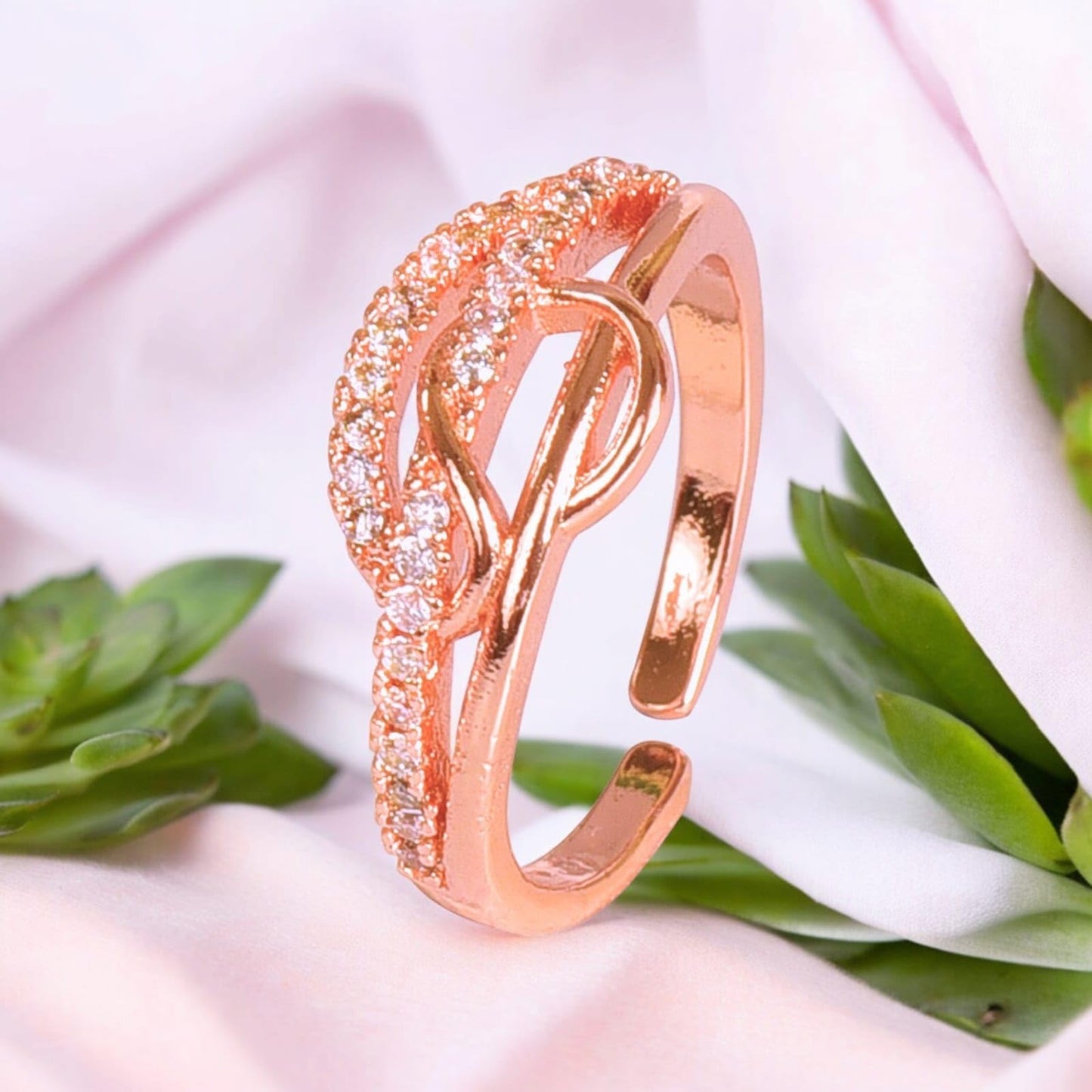 Rose Gold Plated | American Diamond Studded | Adjustable | Finger Ring for Women and Girls, Style 23