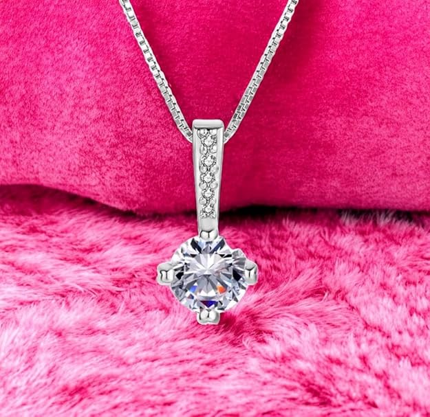 Silver Plated Solitaire Pendant Chain for Women & Girls, Cubic Zircon Pendant Locket (Silver)