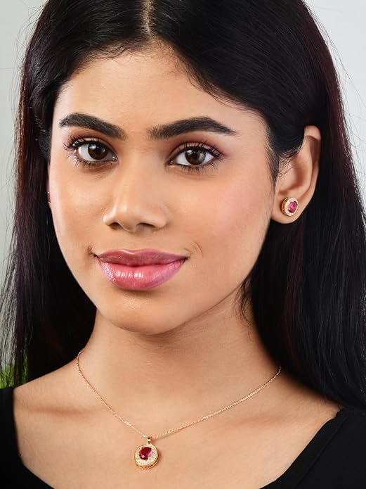 Rose Gold Plated Ruby Red Oval Pendant Necklace and Earring Set for Women and Girls