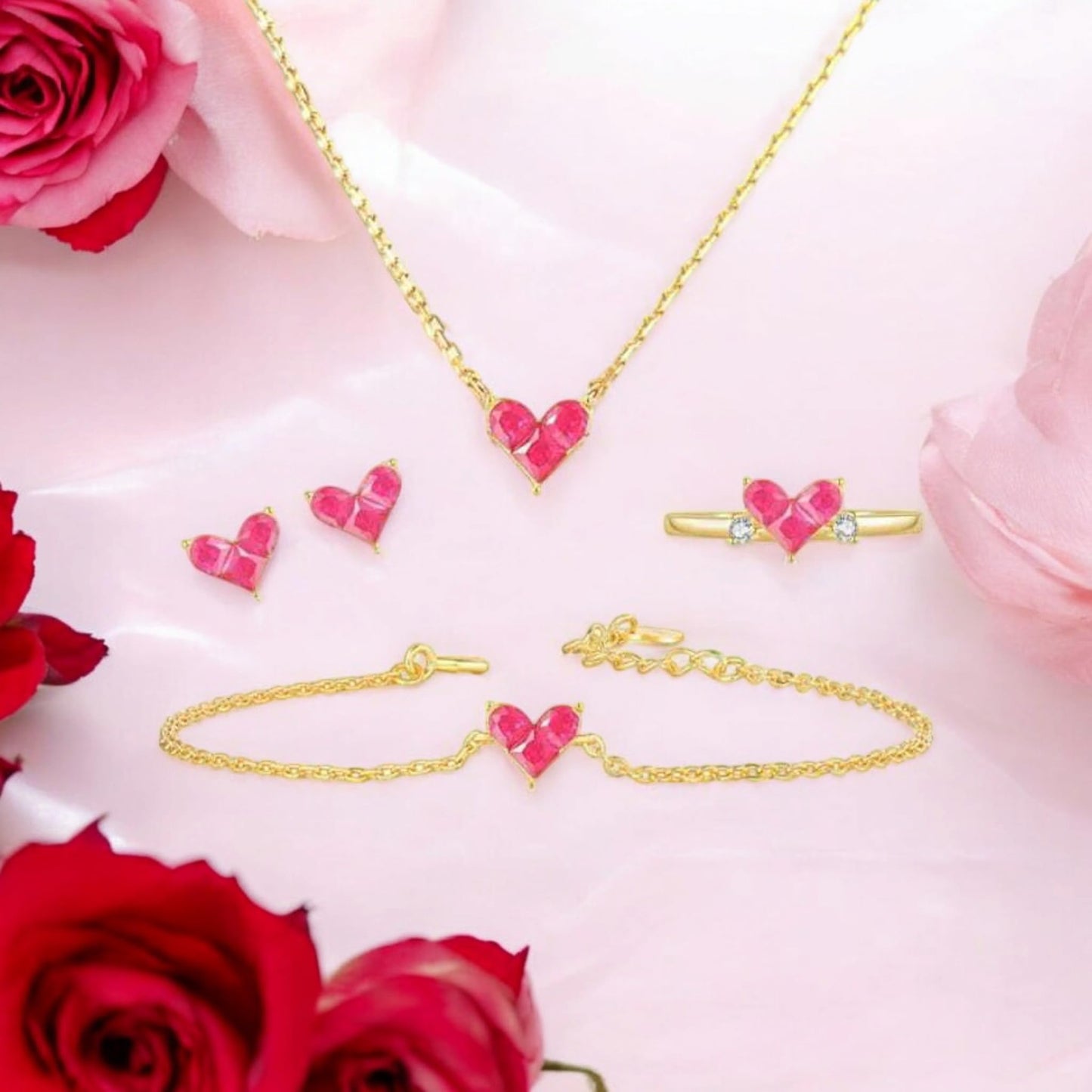 Heart Shape 21K Gold Plated Combo of Necklace Set with Earrings, Bracelet and Ring for Girls and Women