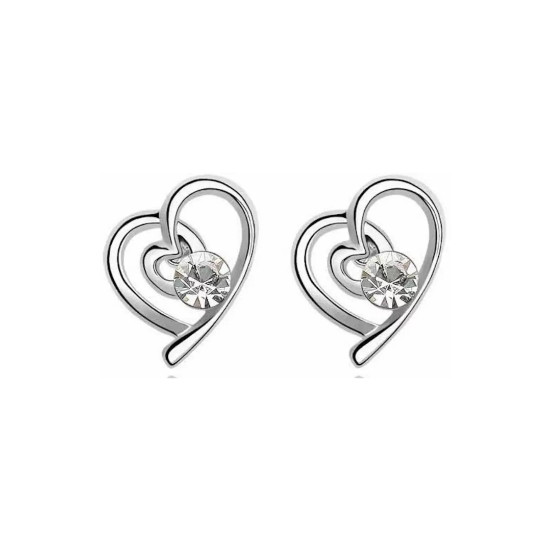 Charming Silver Plated White Austria Crystal Heart Shape Stud Earrings made for Girls Copper Stud Earring