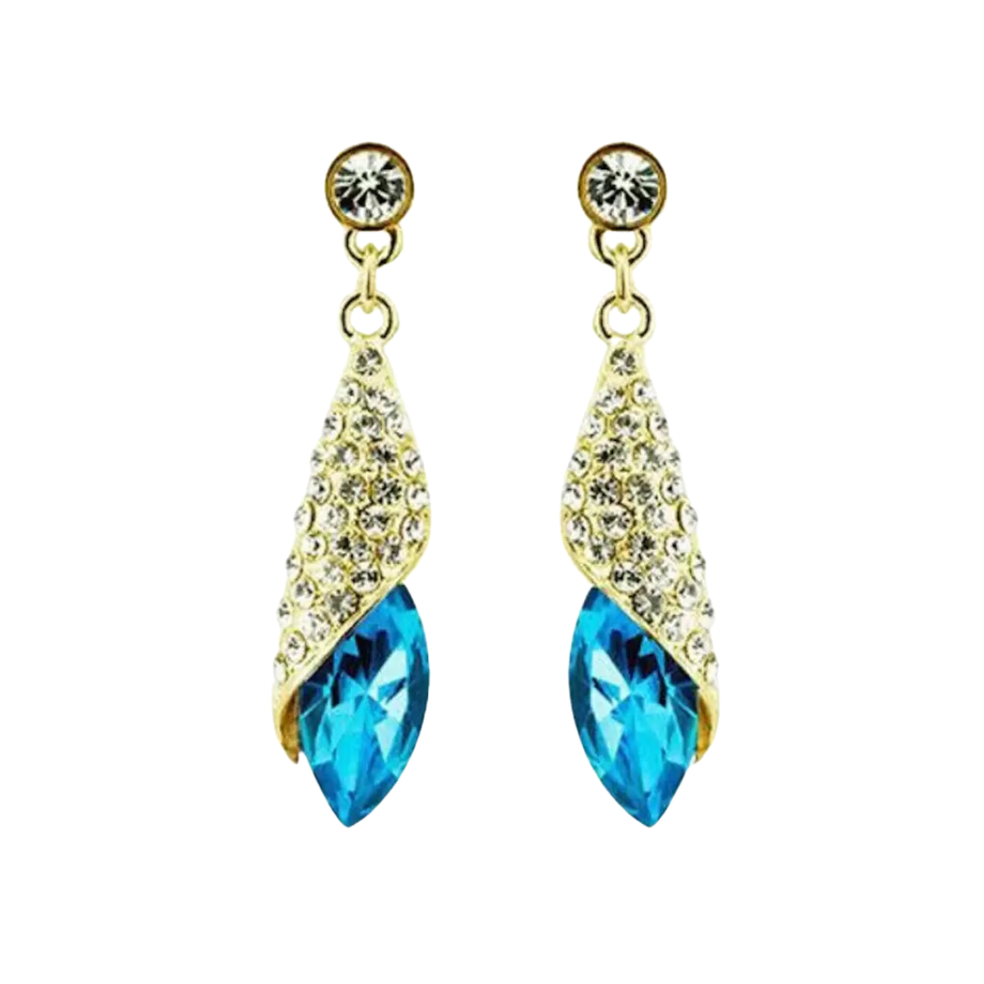 Blue Crystal Water Drop Long Earrings Rhinestone for Women and Girls Copper Stud Earring