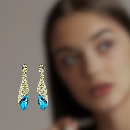 Blue Crystal Water Drop Long Earrings Rhinestone for Women and Girls Copper Stud Earring