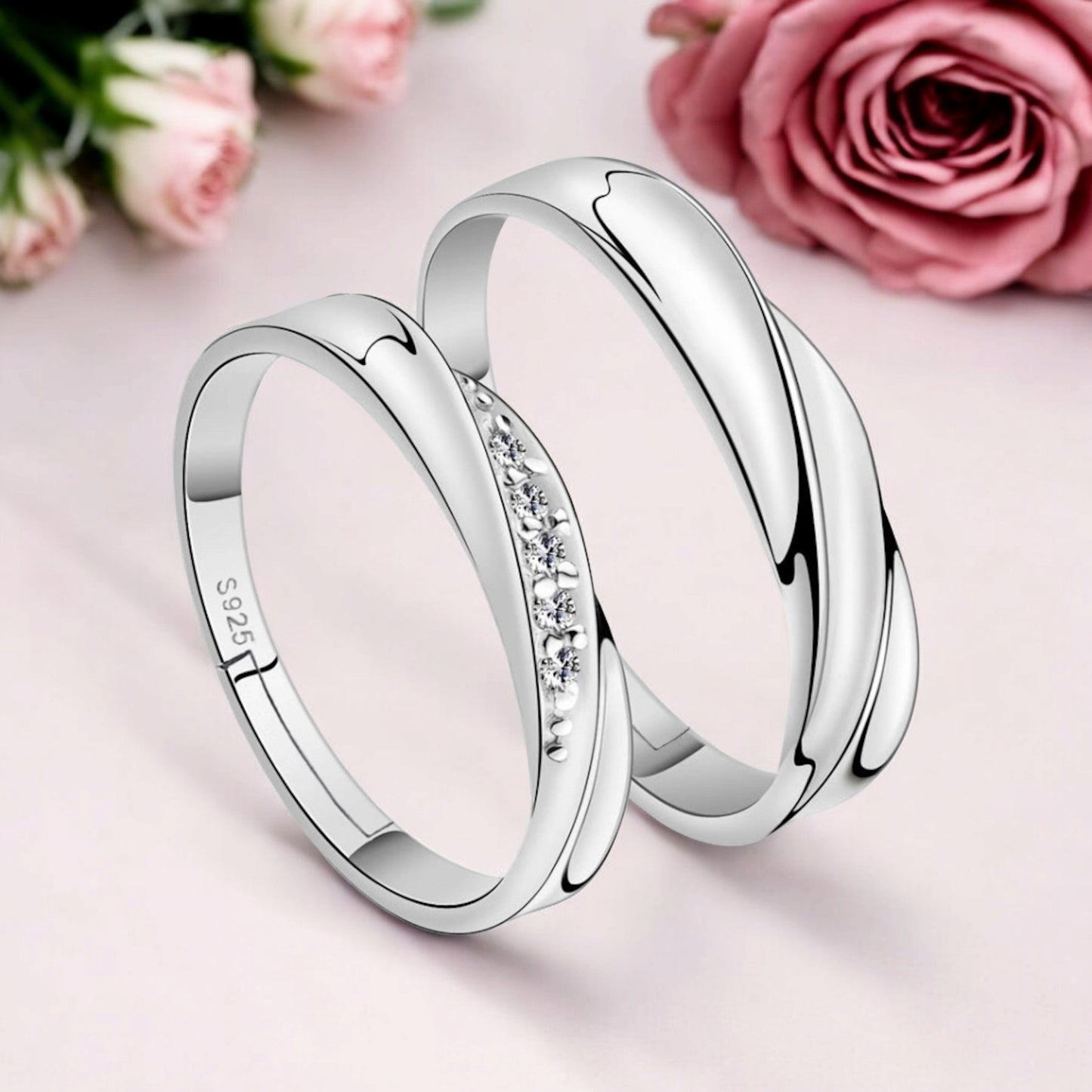 925 Sterling Silver Cubic Zirconia Designer Couple Rings, Adjustable Couple Band, Promise Rings for Lovers, Gift for Men and Women, Valentine's Day Gift