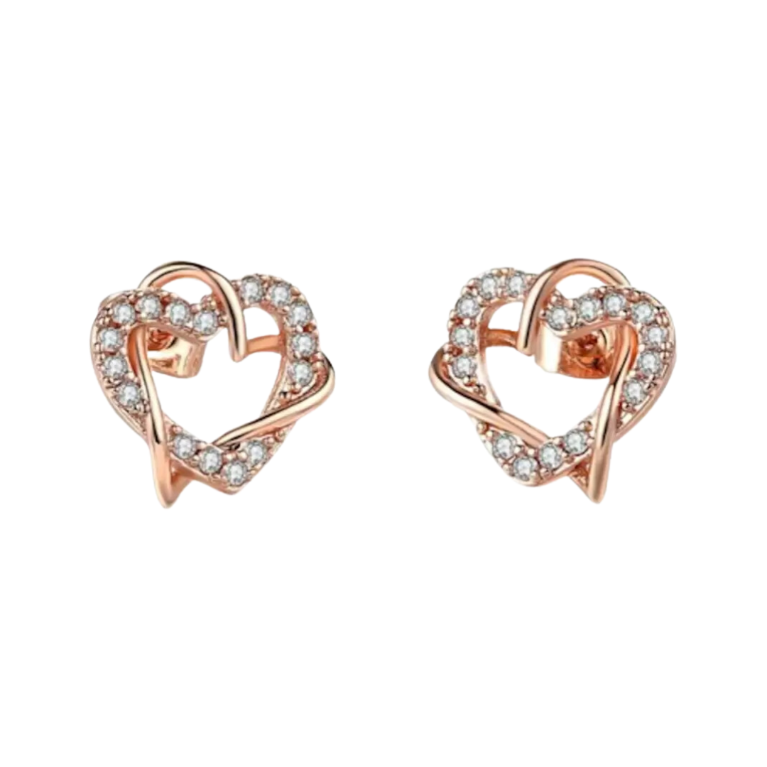 Alloy Heart Shape Stud Earrings for Women and Girls, Cubic Zirconia Hollow Heart Contemporary Studs