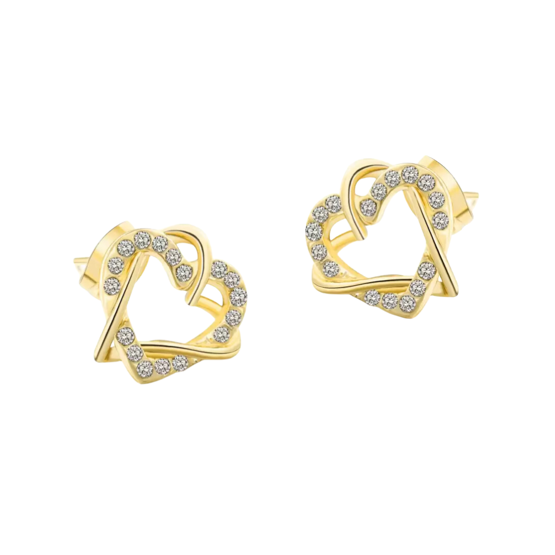 Alloy Heart Shape Stud Earrings for Women and Girls, Cubic Zirconia Hollow Heart Contemporary Studs