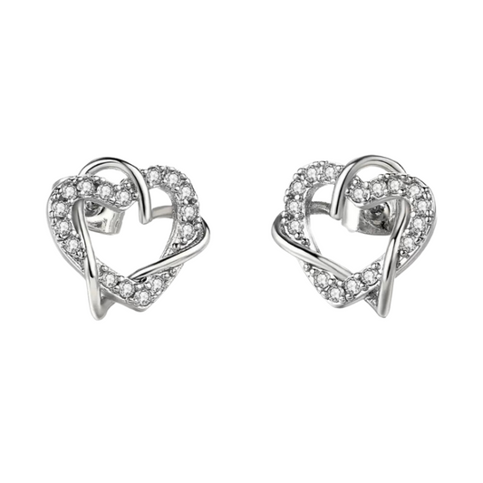 Alloy Heart Shape Stud Earrings for Women and Girls, Cubic Zirconia Hollow Heart Contemporary Studs