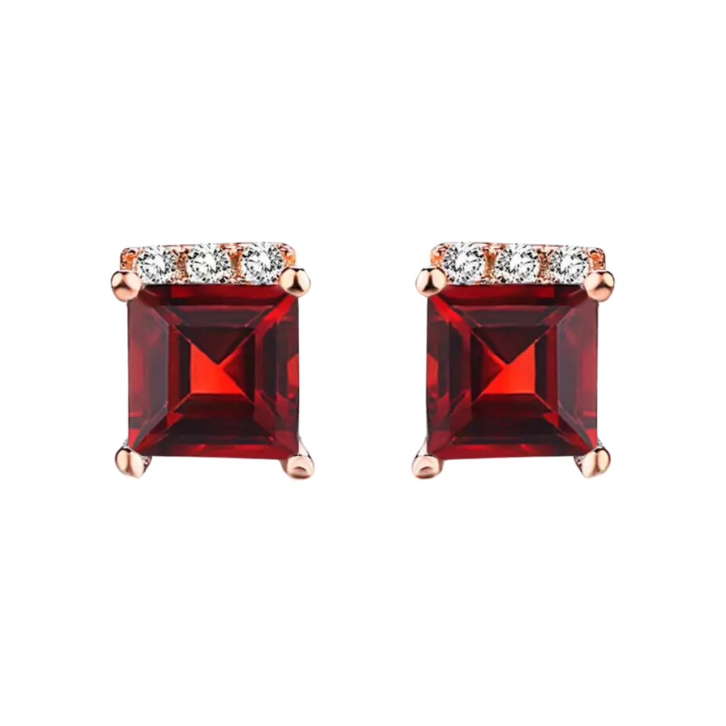 Blood Red Stone Square Stud Earrings for Girls and Women Copper Stud Earring