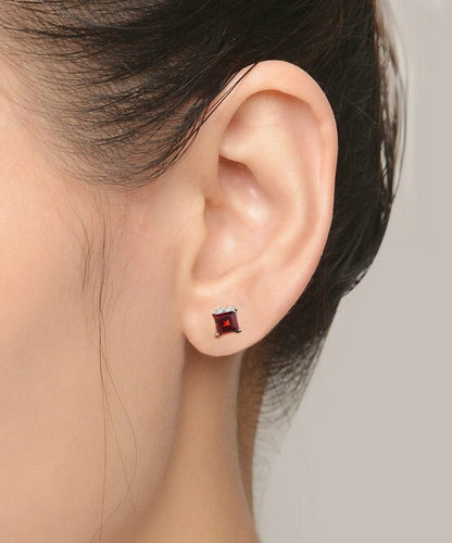 Blood Red Stone Square Stud Earrings for Girls and Women Copper Stud Earring