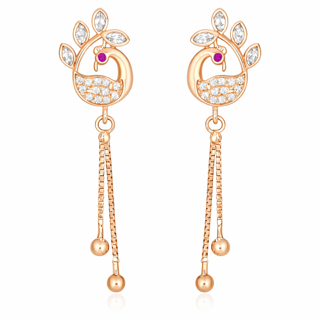 Rose Gold Plated Long Earrings, American Diamond Studded Lightweight Danglers Drop Earrings for Women and Girls (peacock)
