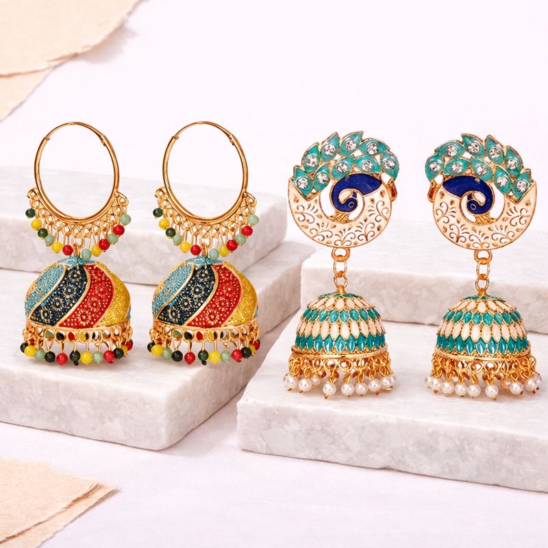 Handmade Alloy Dome Shaped Jhumka Earrings, Ethnic Jhumki Collection for Women and Girls (Combo), Multicolur-Green