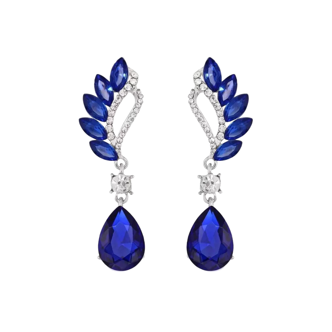 Crystal and Rhinestone Drop Dangle Earrings, Long Trendy Eardrops for Girls and Women (Blue)