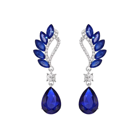 Crystal and Rhinestone Drop Dangle Earrings, Long Trendy Eardrops for Girls and Women (Blue)