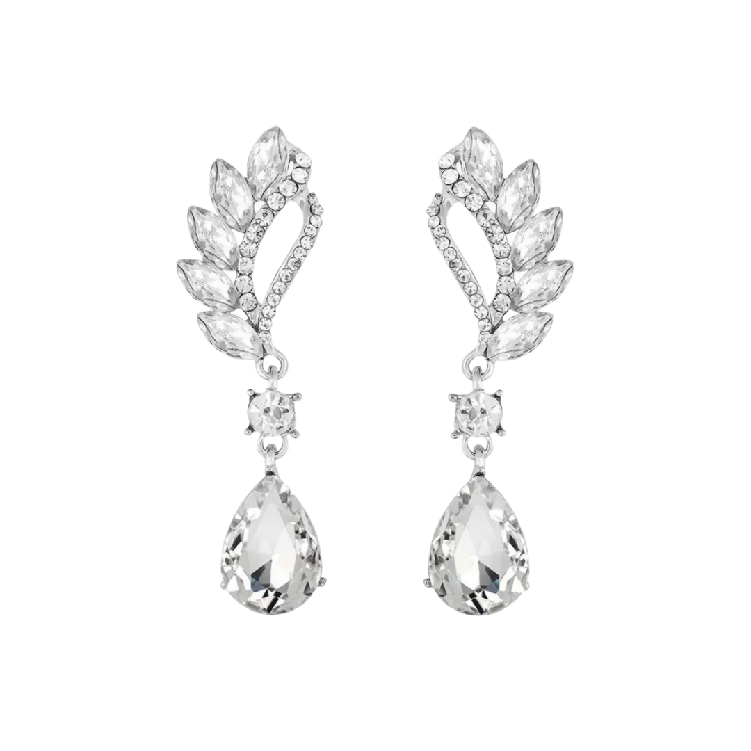 Crystal and Rhinestone Drop Dangle Earrings, Long Trendy Eardrops for Girls and Women (White)