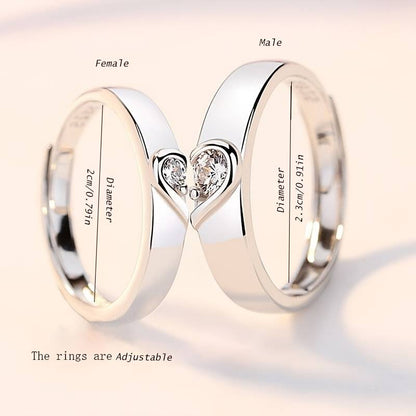 Platinum Plated Romantic Lover's Adjustable Silver Plated Adjustable Broken Heart Metal Cubic Zirconia Couple Ring Set Metal Platinum Plated Ring