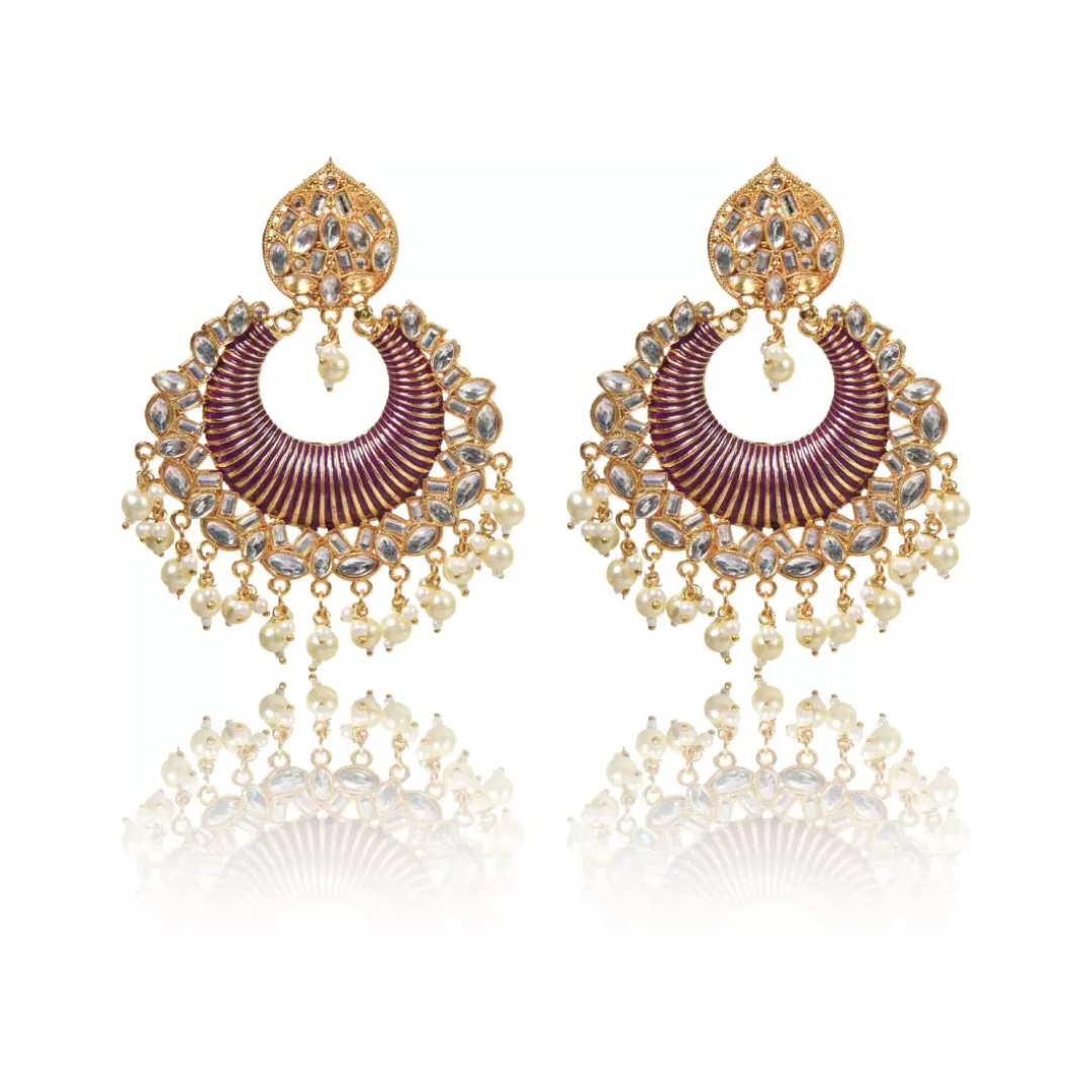 Gold Plated Brass Big Chandbali Jhumka Earrings for Women, Traditional Long Earrings, Anniversary Gift for Wife(Purple)